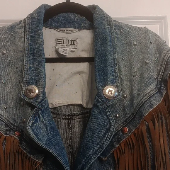 SB ll by Bitterman leather fringe Denim Jacket Vintage BOHO small - Picture 2 of 15